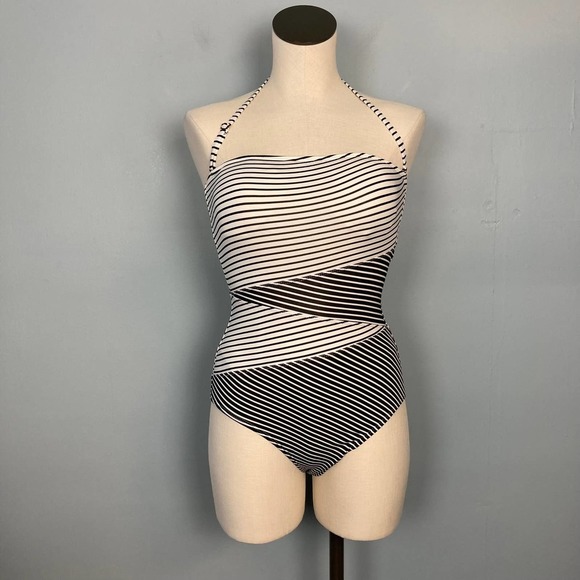Liz Claiborne Black White Geometric Strip Optical Illusion Swimsuit Size 6 - Picture 1 of 12